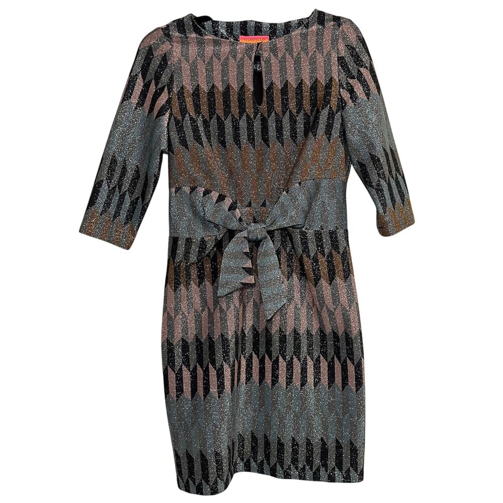 Vilagallo Dress Size 38 (6) Metallic Knit Geometric Tie Waist 3/4 Sleeve Sheath